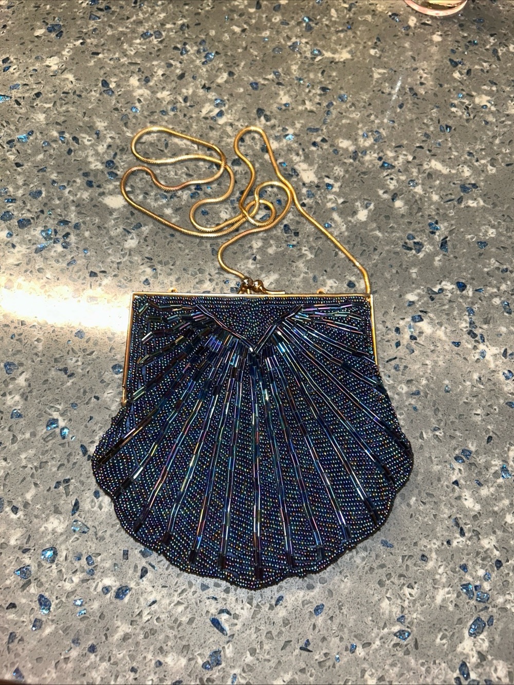Iridescent Navy Beaded Shell Wristlet with Gold Chain